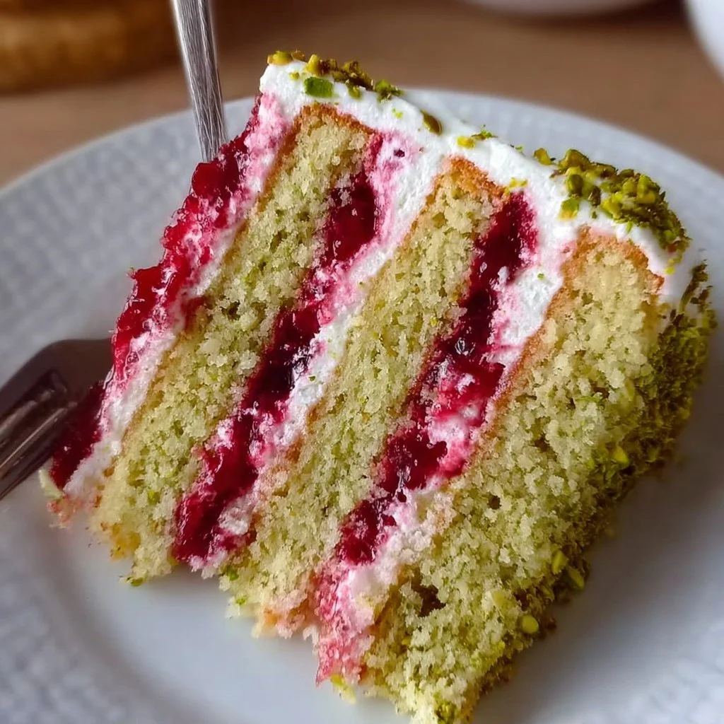 Pistachio Layer Cake topped with raspberry jam and garnished with nuts