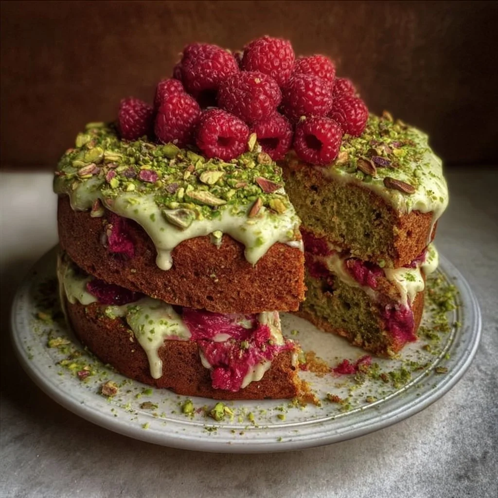 Delicious homemade Pistachio Raspberry Cake with vibrant raspberry frosting