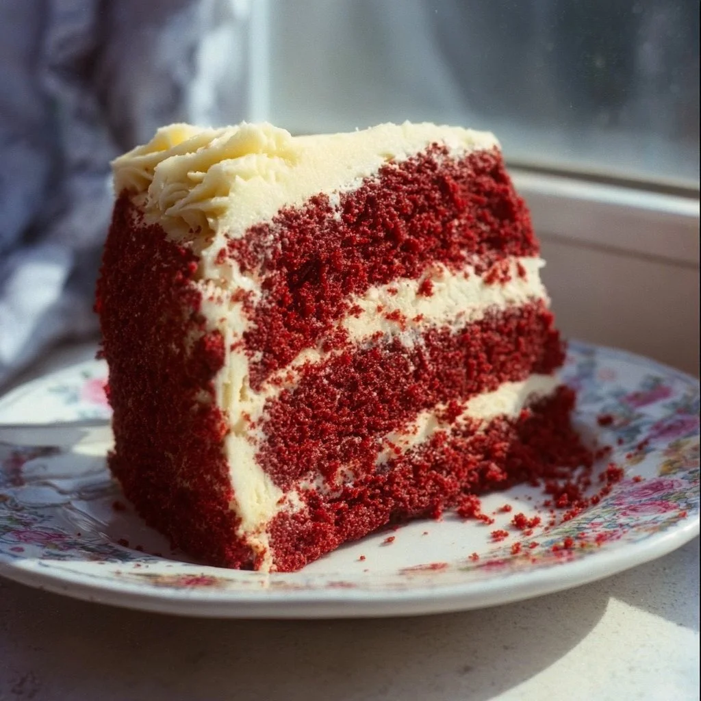 Delicious Red Velvet Birthday Cake with cream cheese frosting and decorative sprinkles.