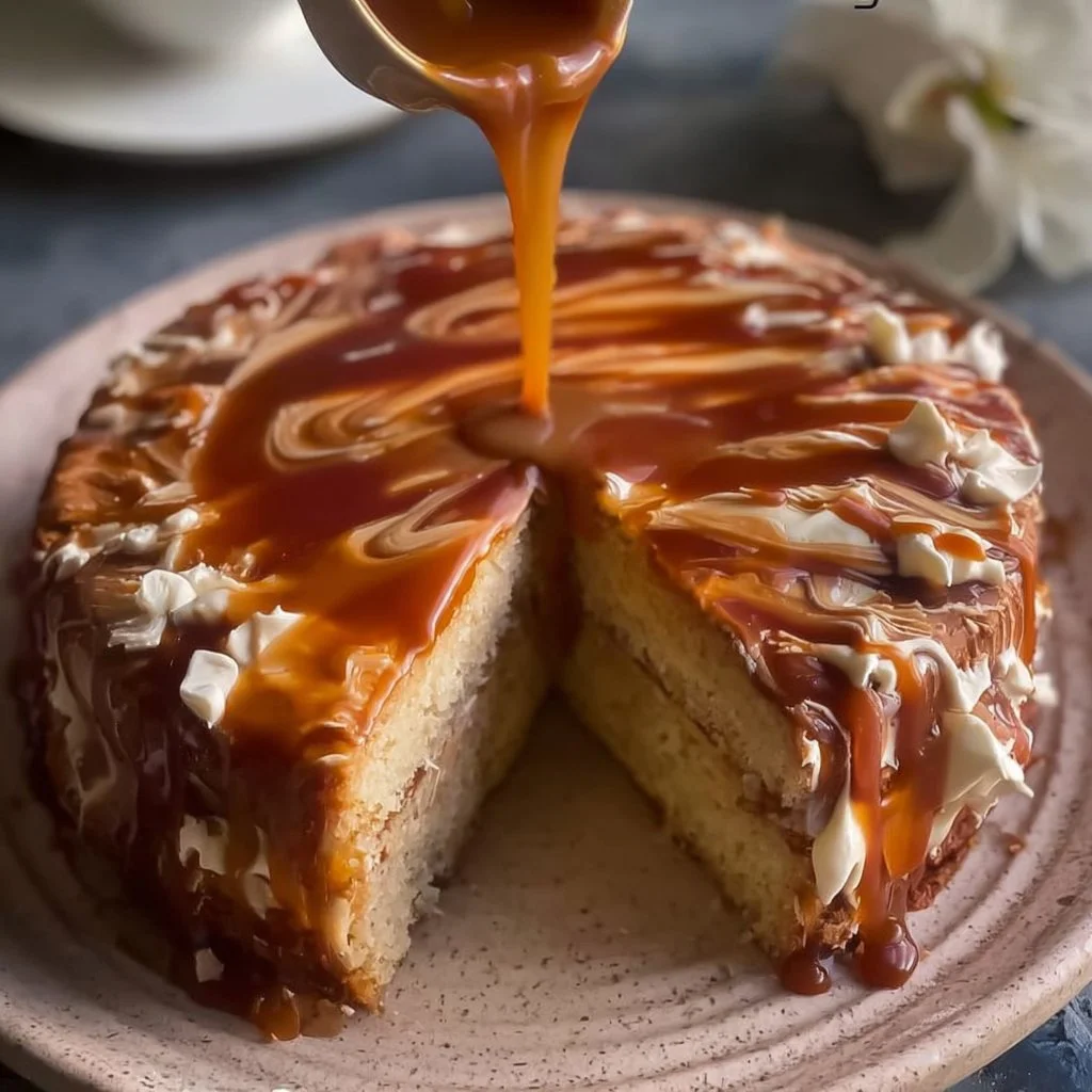 Delicious Salted Caramel Cake topped with rich caramel sauce and sea salt flakes.