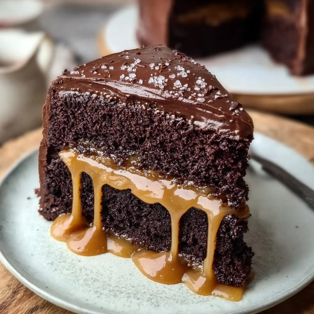 Delicious salted caramel chocolate fudge cake topped with drizzled caramel.