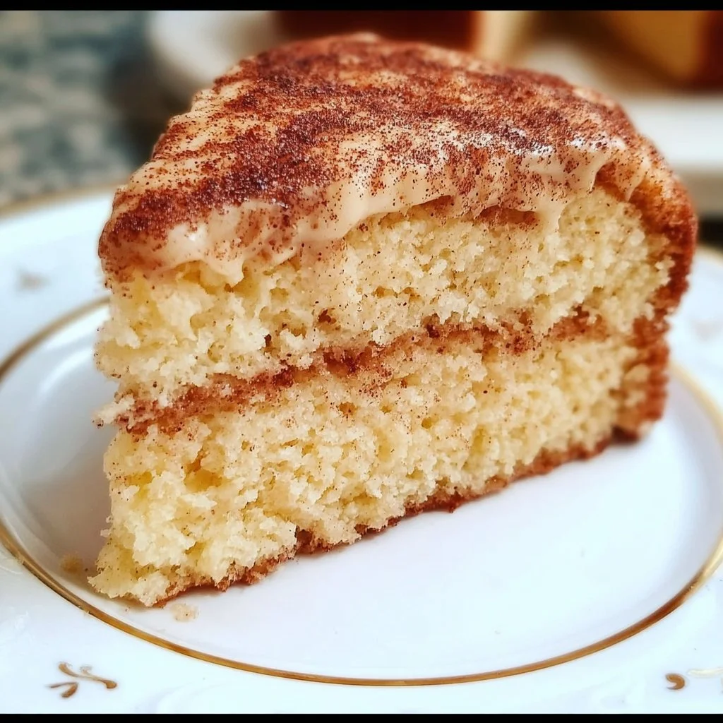 Delicious Snickerdoodle Cake with cinnamon topping on a white plate
