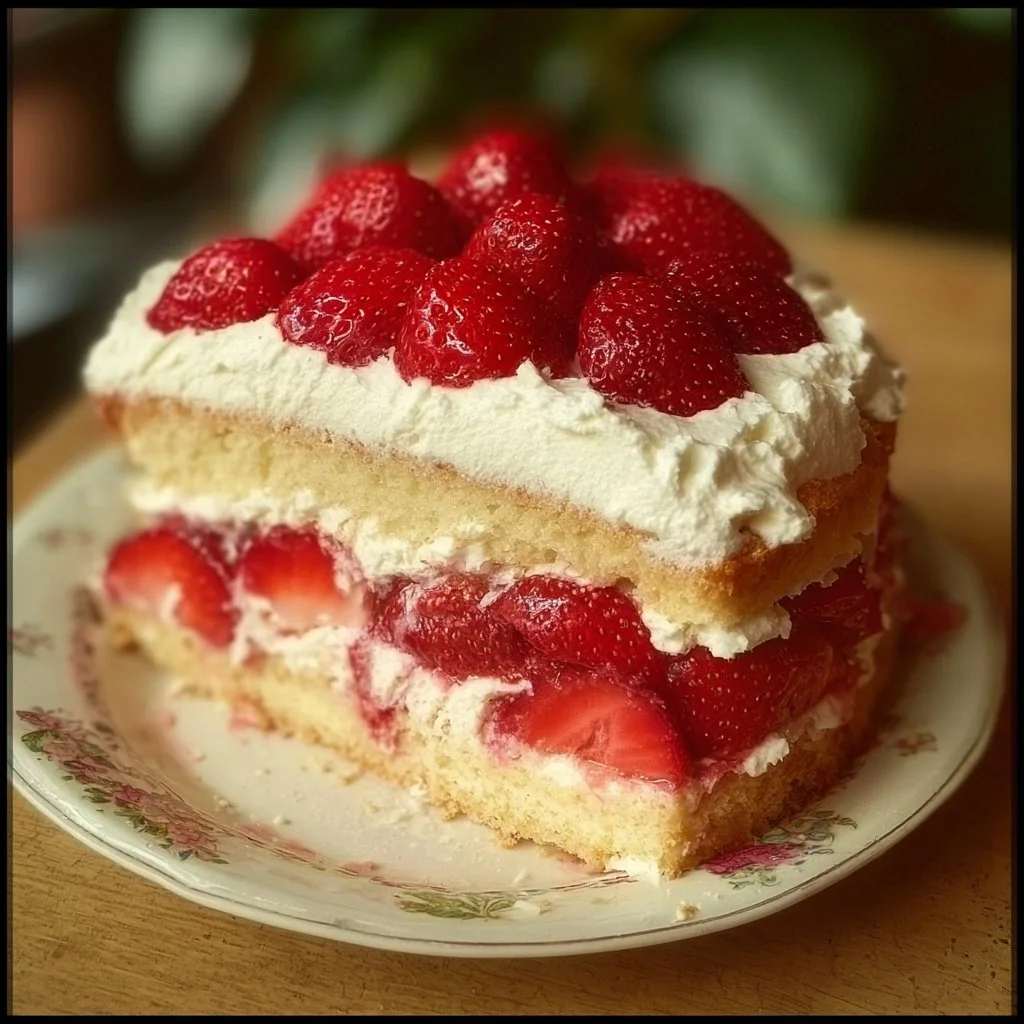 Deliciously layered strawberries and cream cake with fresh strawberries on top