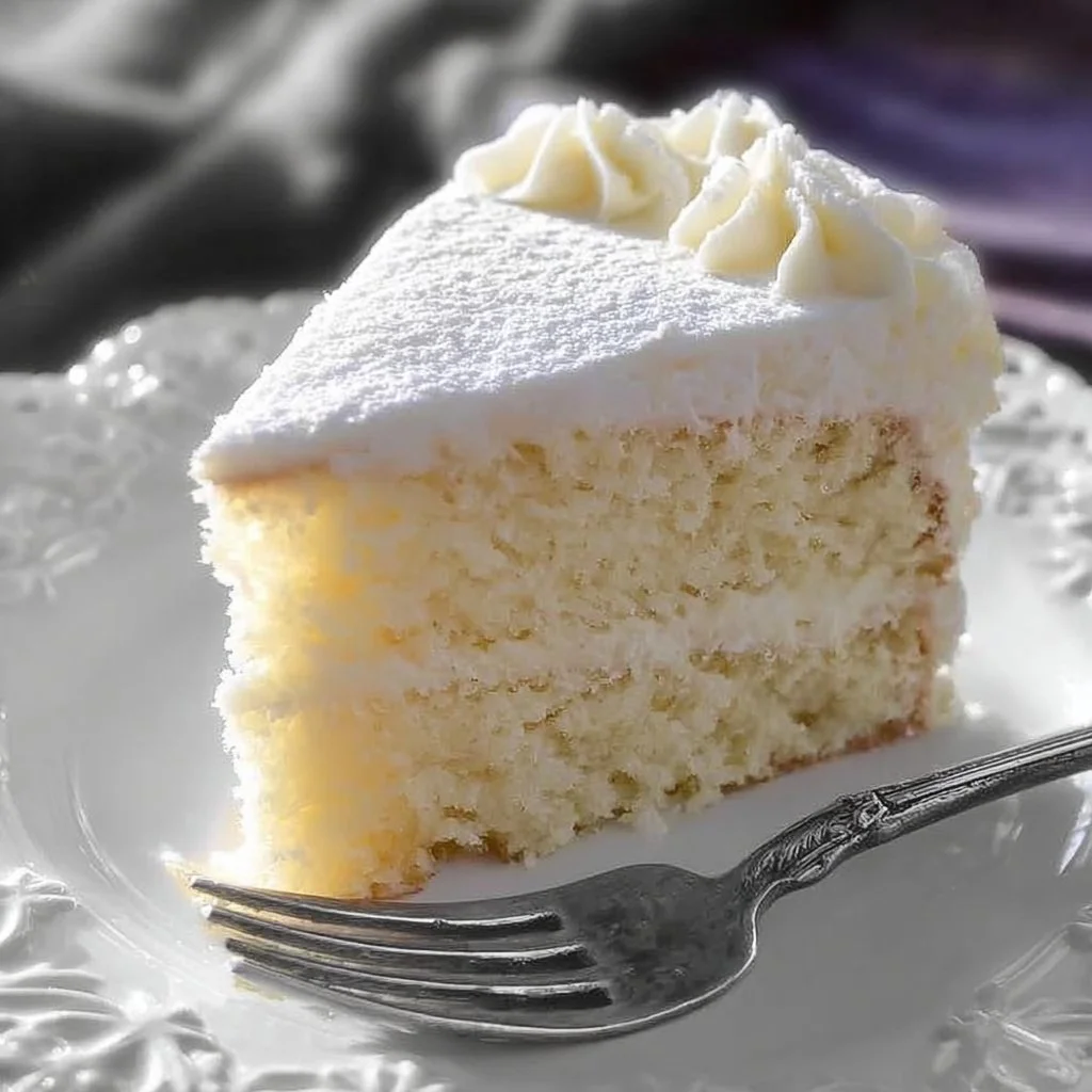 Delicious slice of the best white cake topped with frosting and fresh berries.