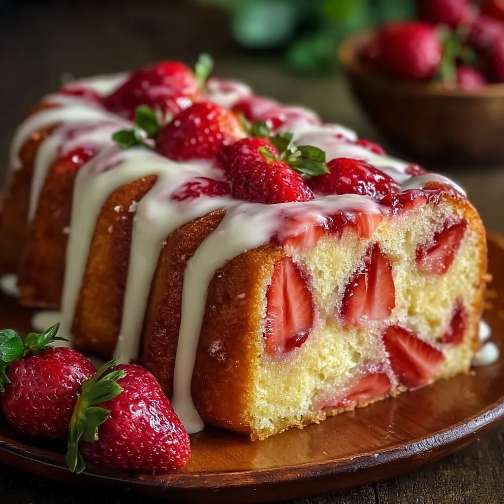 Slice of strawberry cream cheese pound cake with fresh strawberries on top.