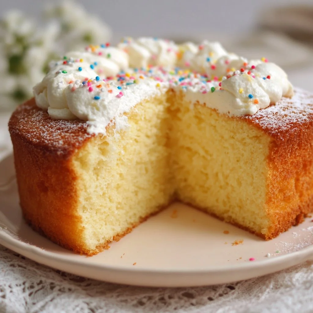 Deliciously moist vanilla cake topped with creamy frosting and fresh berries