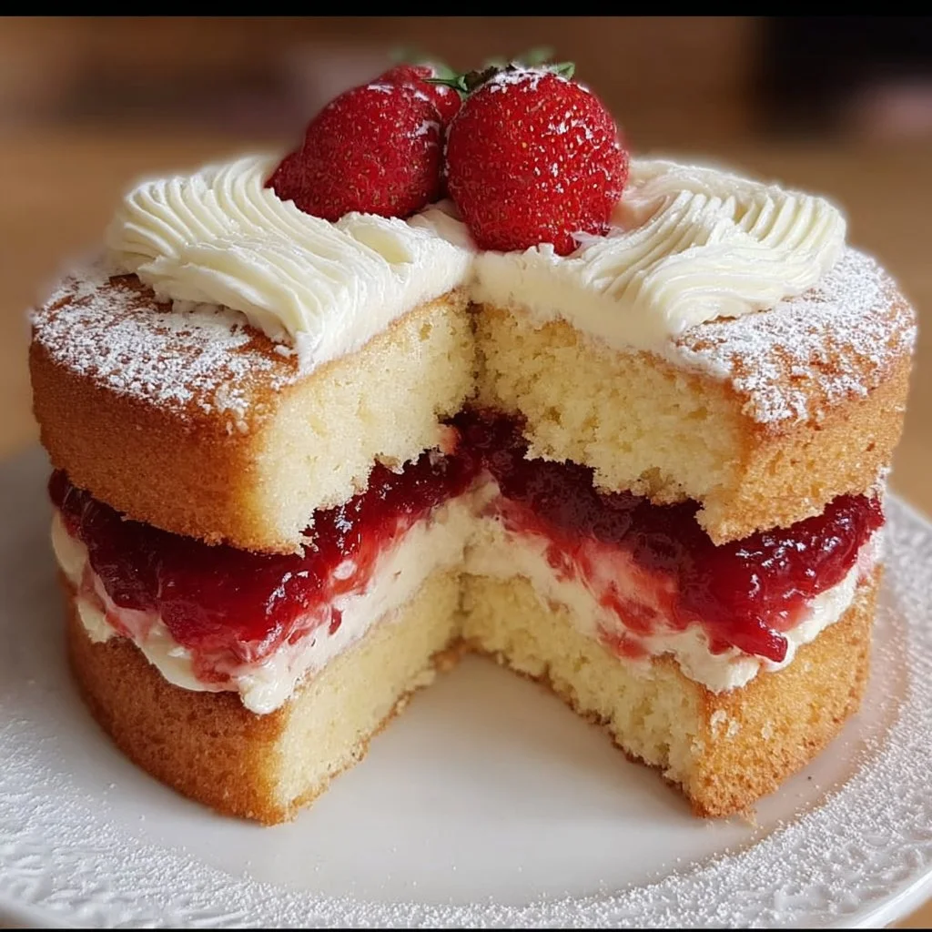 Vanilla cake layered with fresh strawberry filling and topped with cream