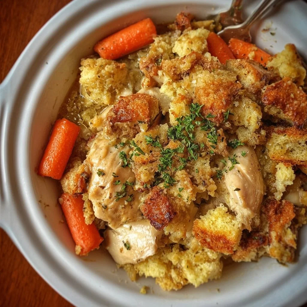 1980s inspired slow cooker chicken with stuffing dish