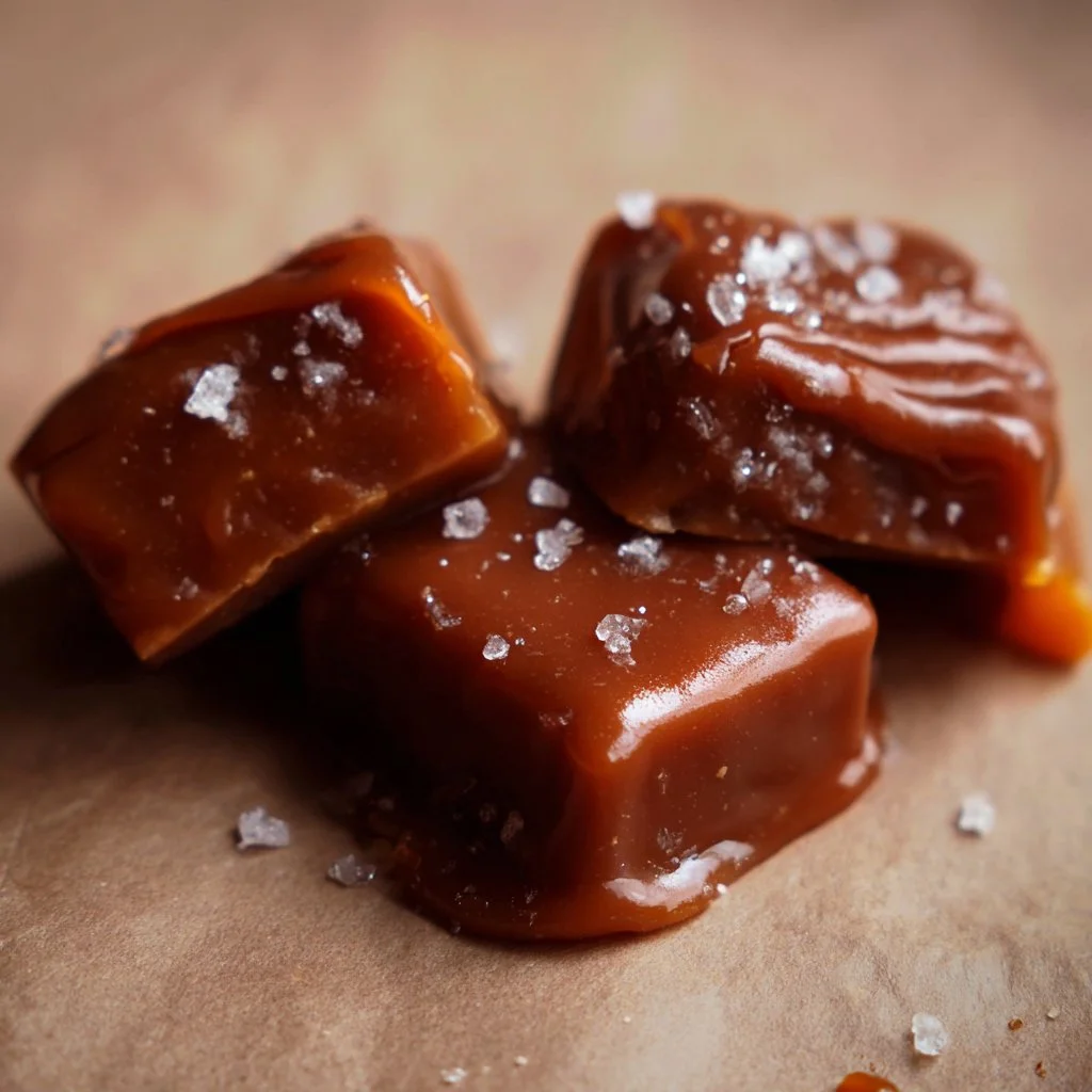 Homemade 4 ingredient date caramels on a wooden table