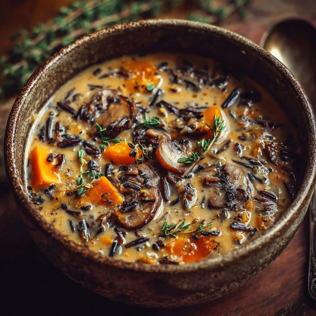 Bowl of hearty autumn wild rice soup topped with fresh herbs