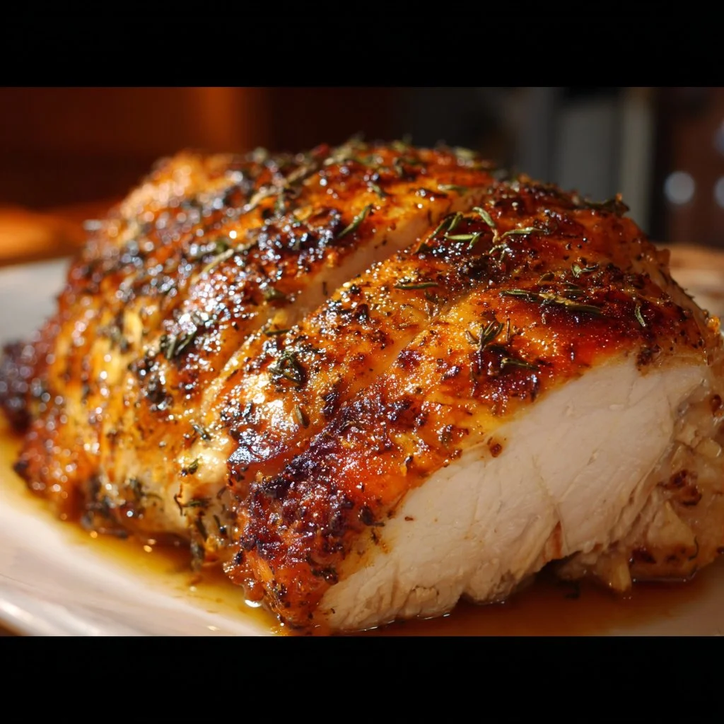 Butterball turkey breast roast cooked in a crock pot, ready to serve.