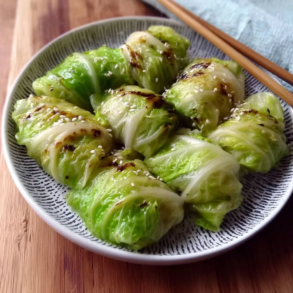 Plate of freshly made cabbage dumplings garnished with herbs.