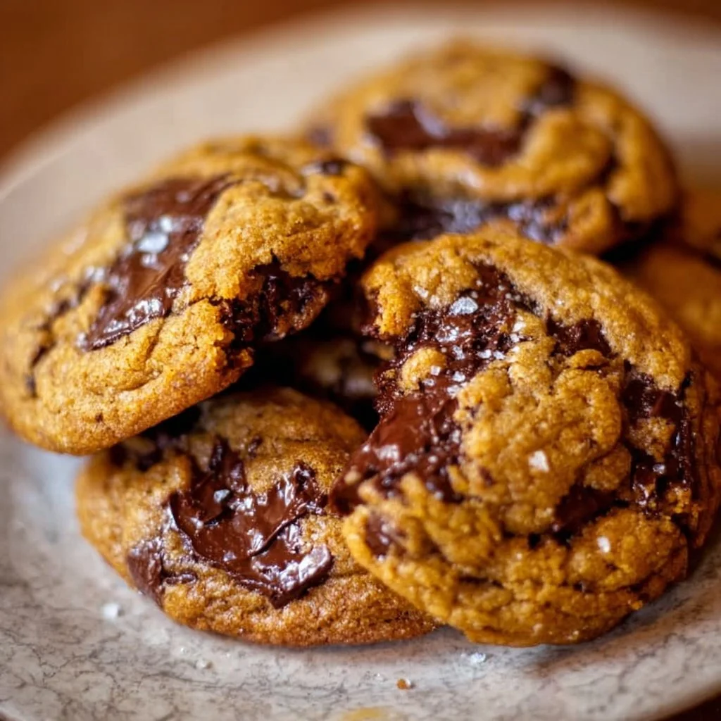 Chewy pumpkin chocolate chip cookies on a plate.