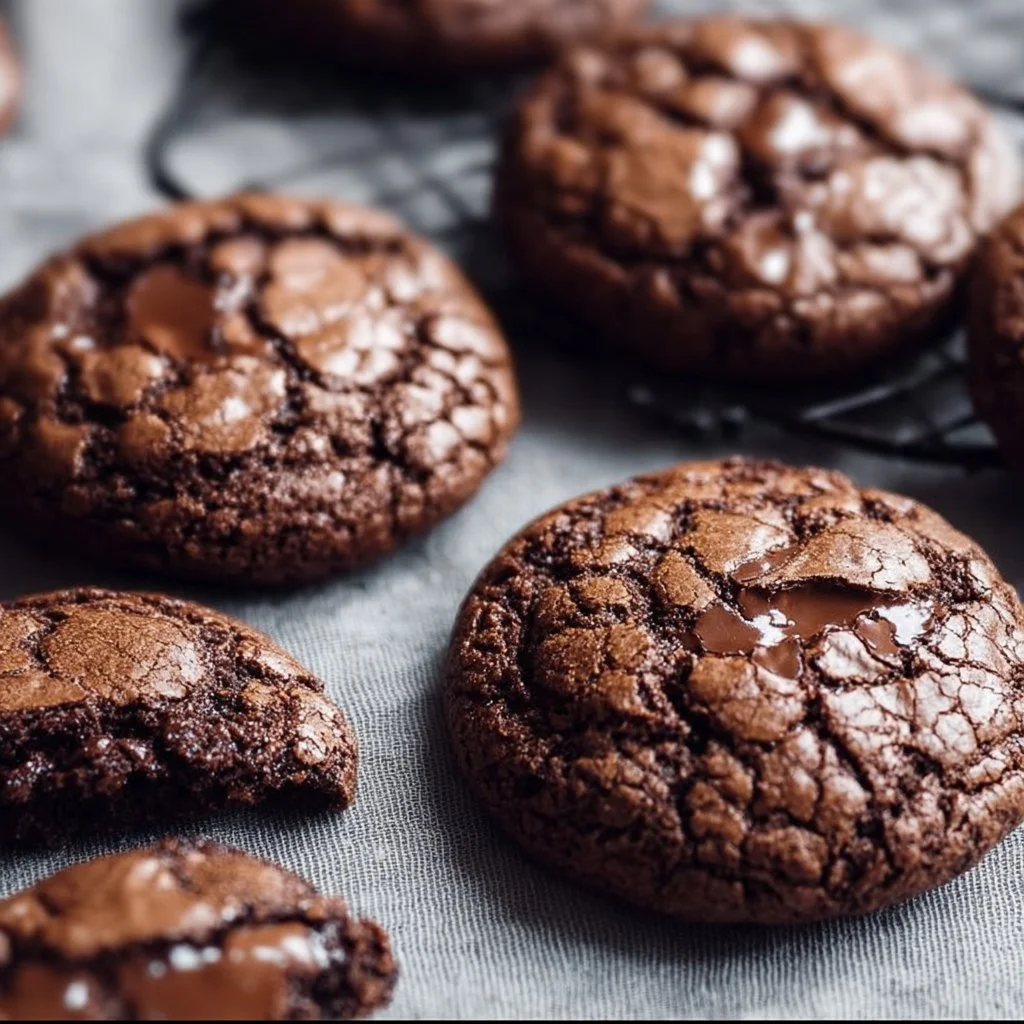 Freshly baked chocolate brownie cookies stacked on a plate