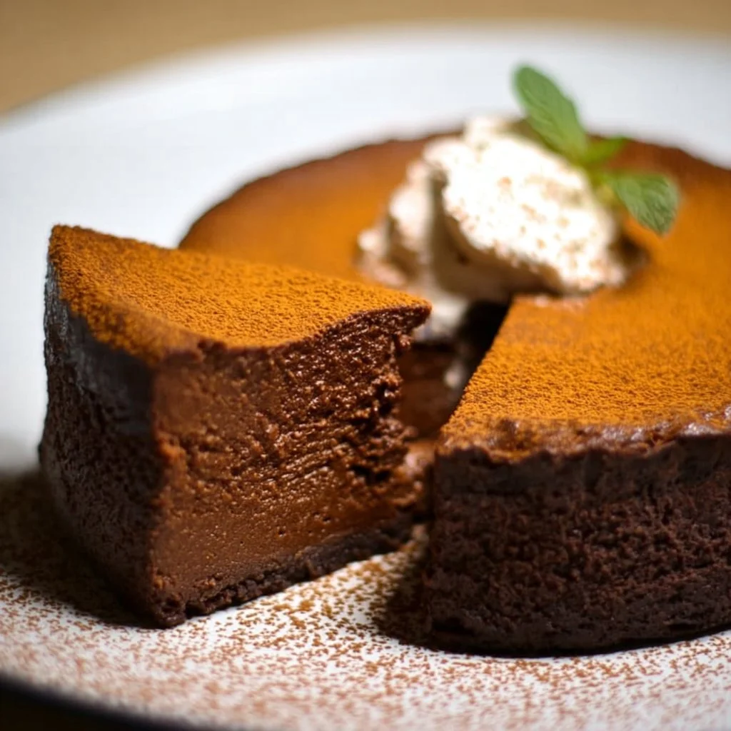 Flourless Chocolate Pumpkin Torte topped with chocolate ganache and pumpkin seeds