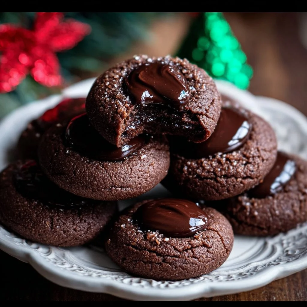 Delicious Chocolate Thumbprint Cookies with chocolate filling on a white plate