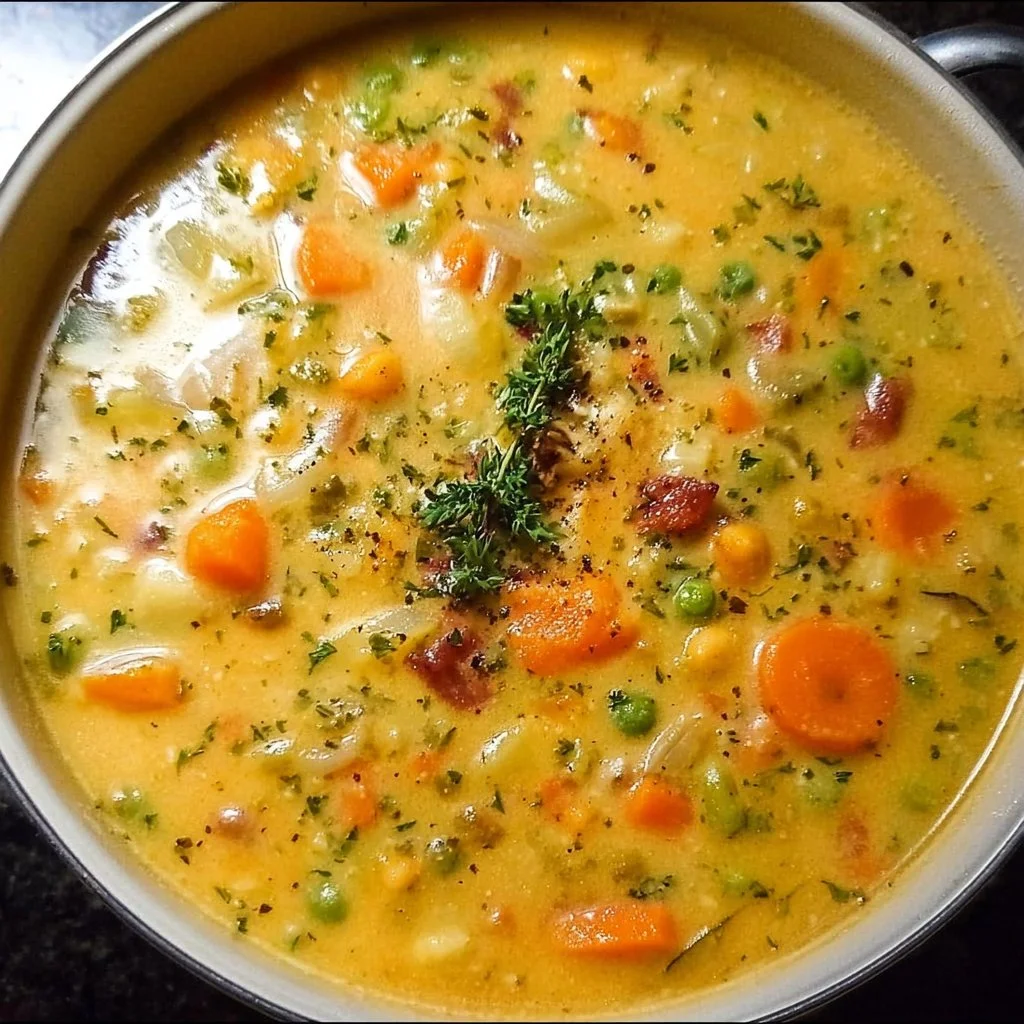 Delicious one-pot creamy vegetable soup garnished with herbs
