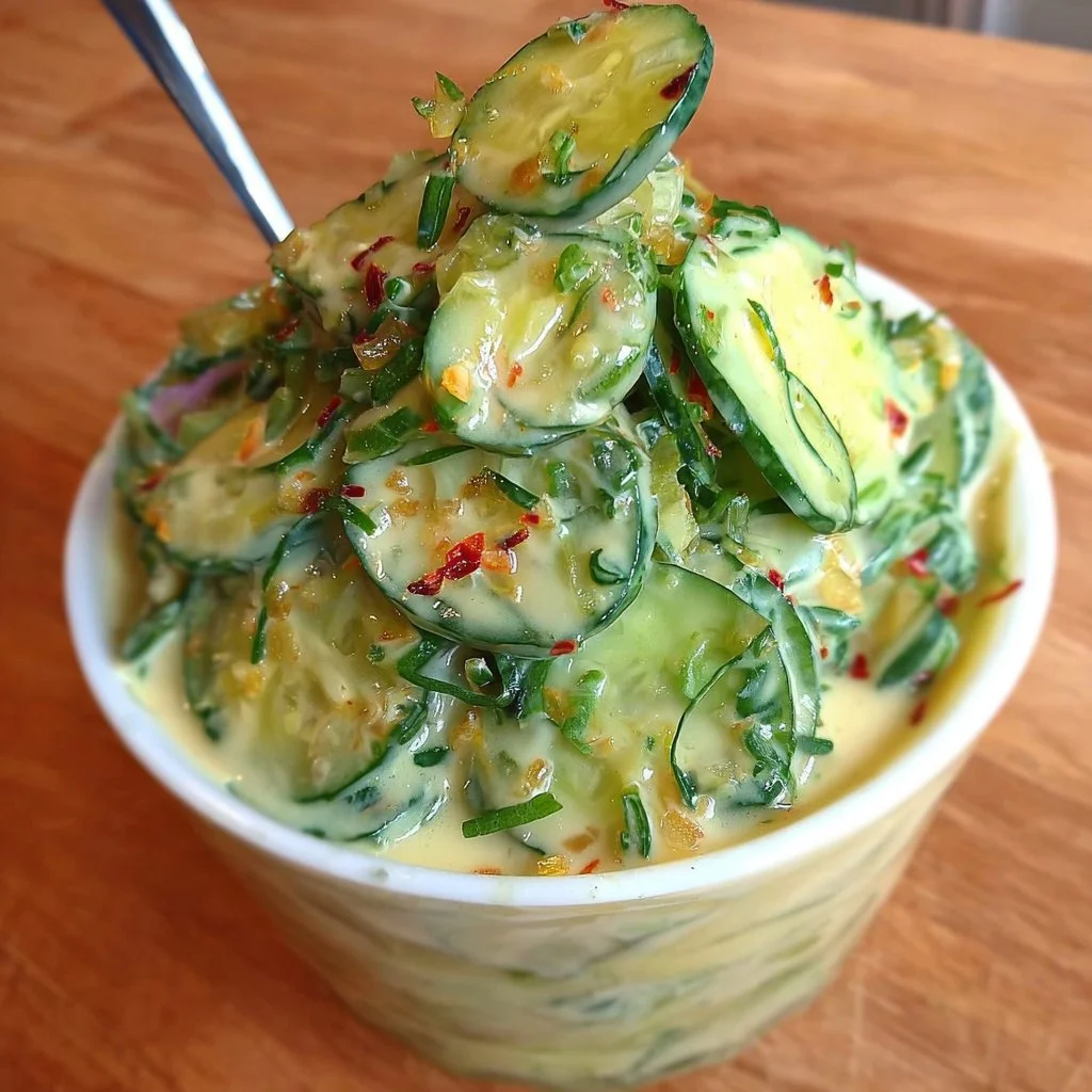 Creamy Asian cucumber salad served in a bowl garnished with sesame seeds