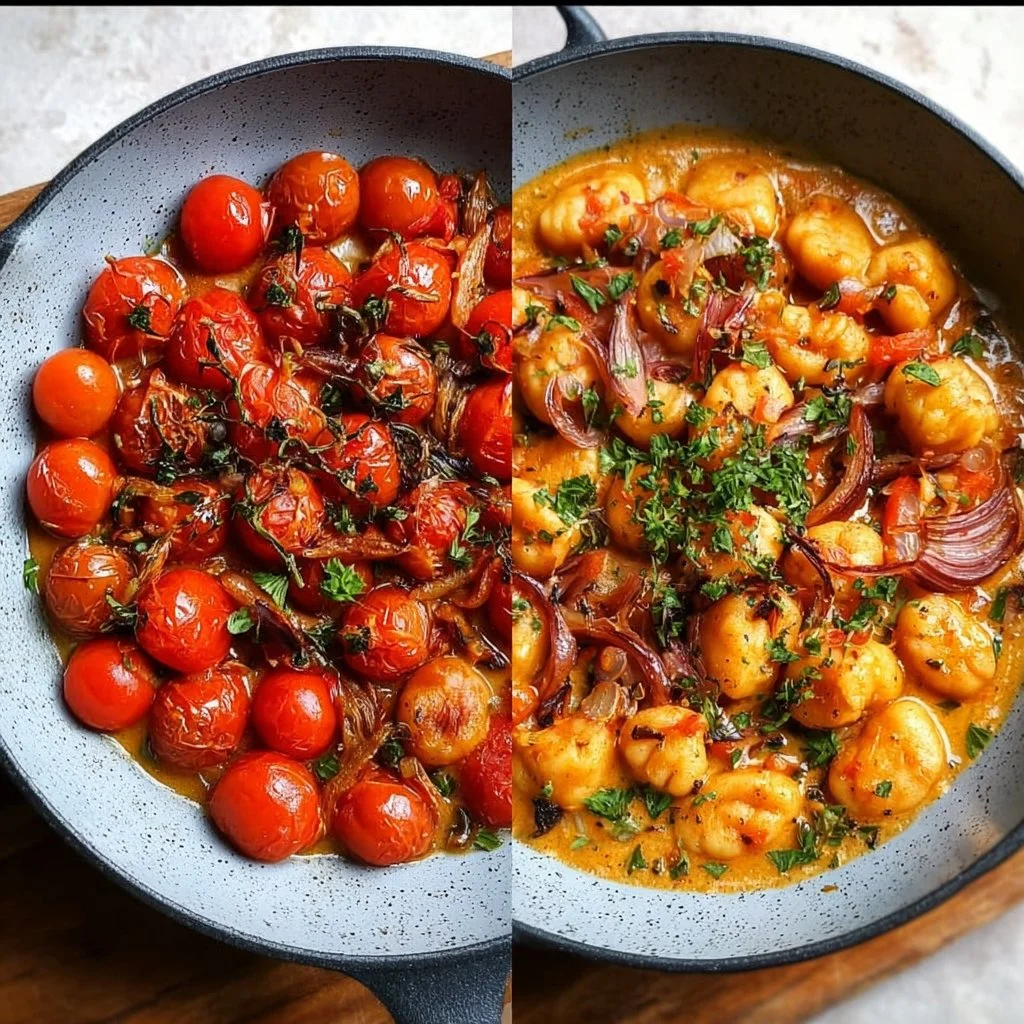 Creamy roasted tomato gnocchi dish served in a bowl with fresh herbs.