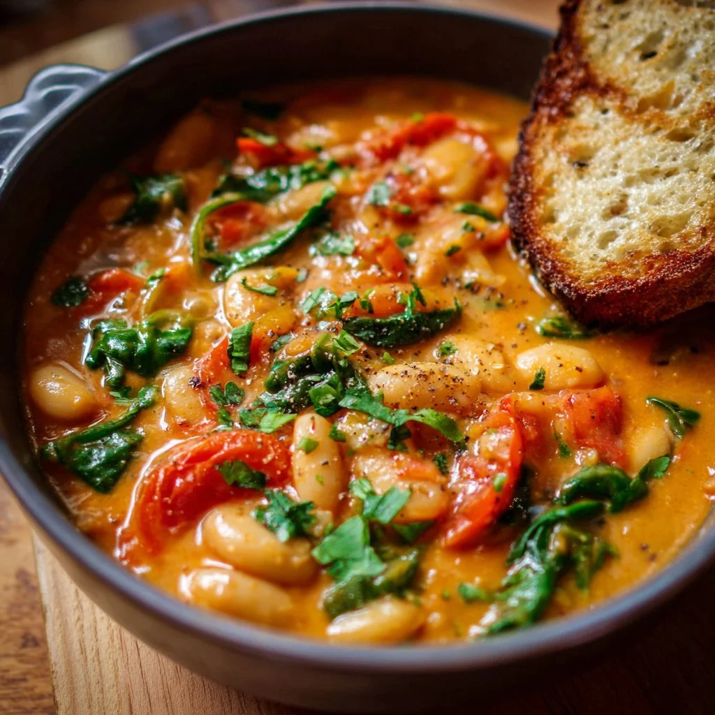 Creamy vegan tomato white bean stew in a bowl