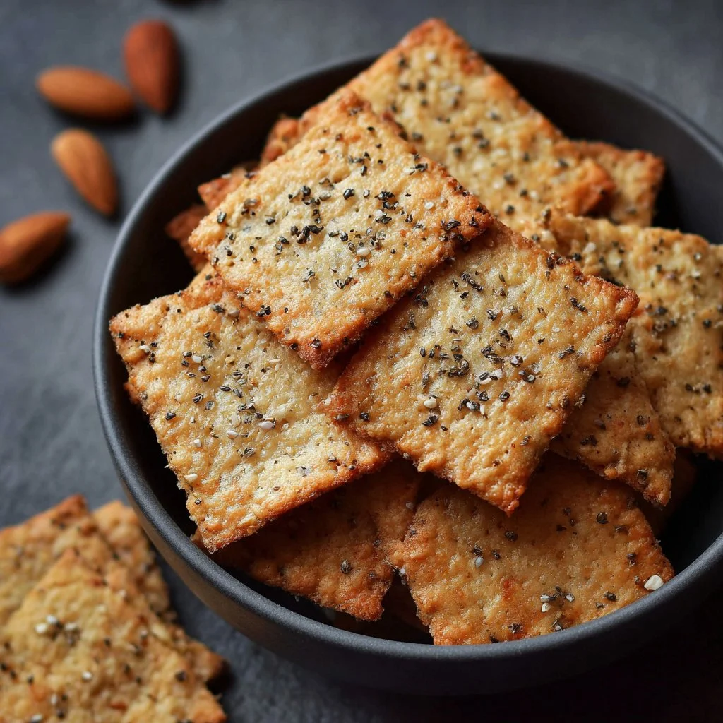 Plate of crispy 5-ingredient almond flour crackers for healthy snacking