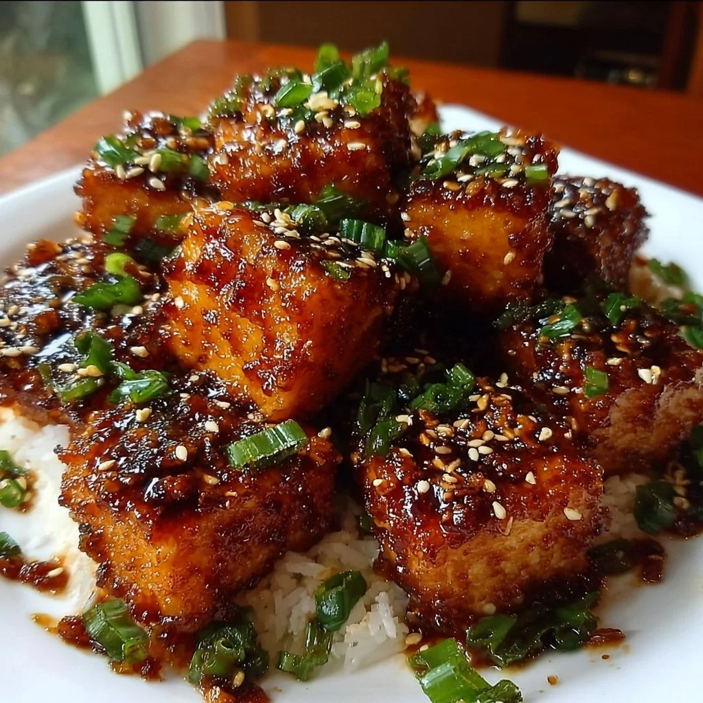 Crispy honey garlic tofu served on a plate with a garnish