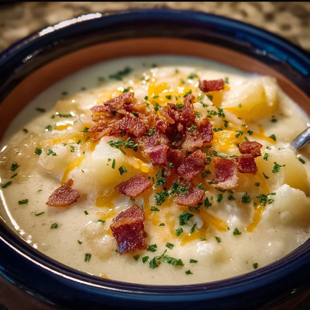 Delicious Crock Pot Crack Potato Soup in a bowl garnished with green onions.