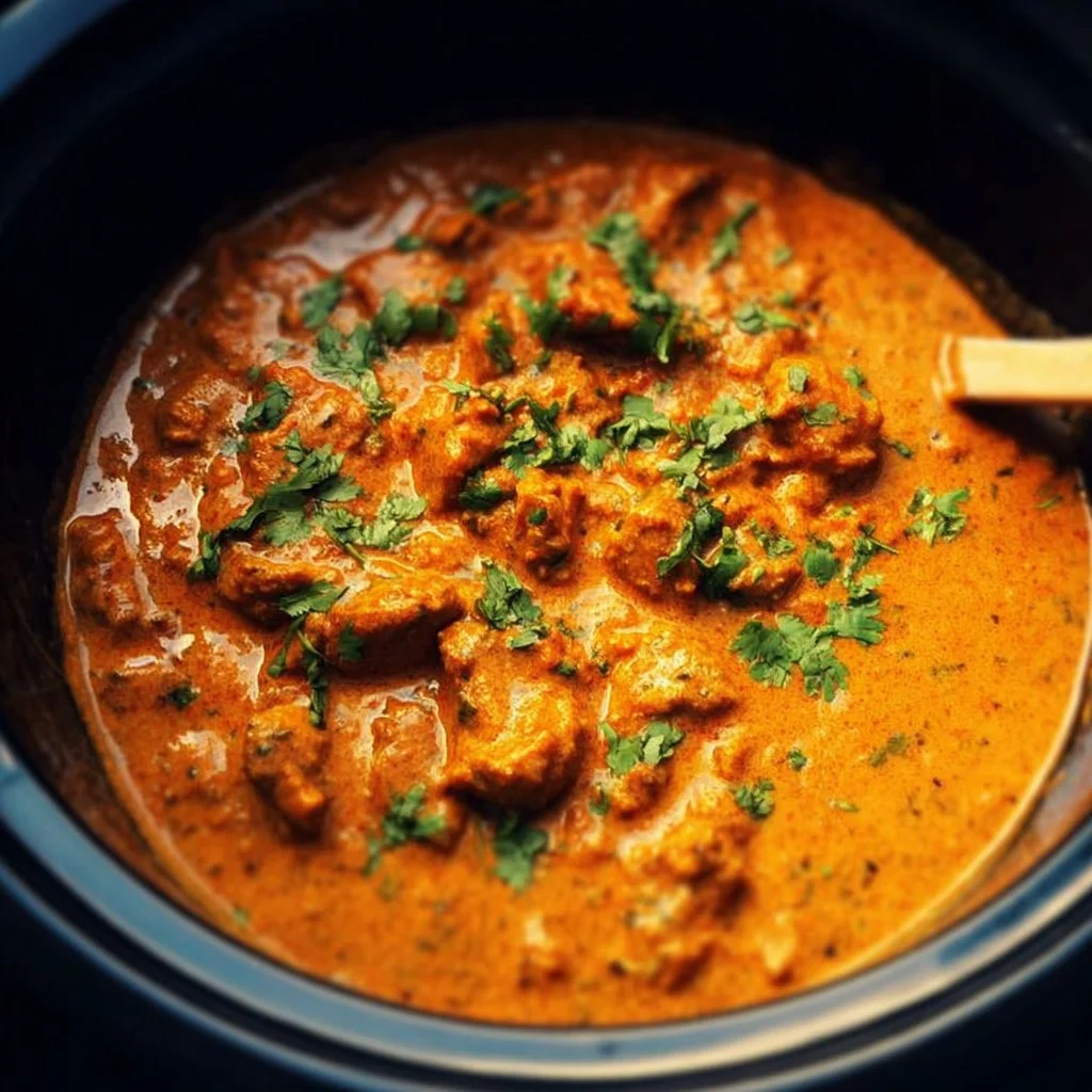 Delicious crockpot butter chicken simmering in a slow cooker with spices