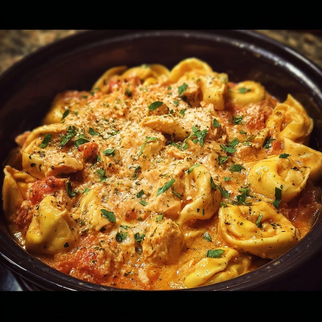 Bowl of CrockPot Chicken Tortellini with fresh herbs and parmesan cheese