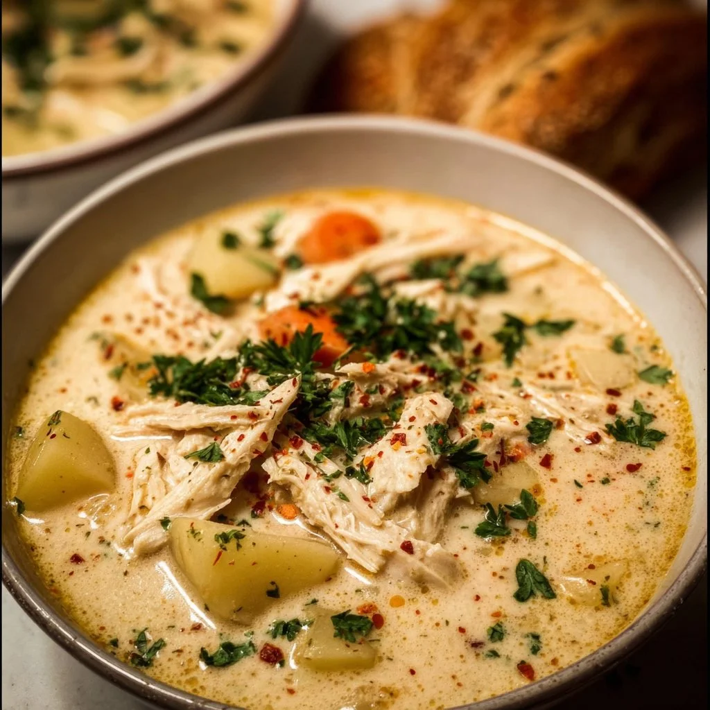 Bowl of Crockpot Creamy Chicken and Potato Soup with fresh herbs