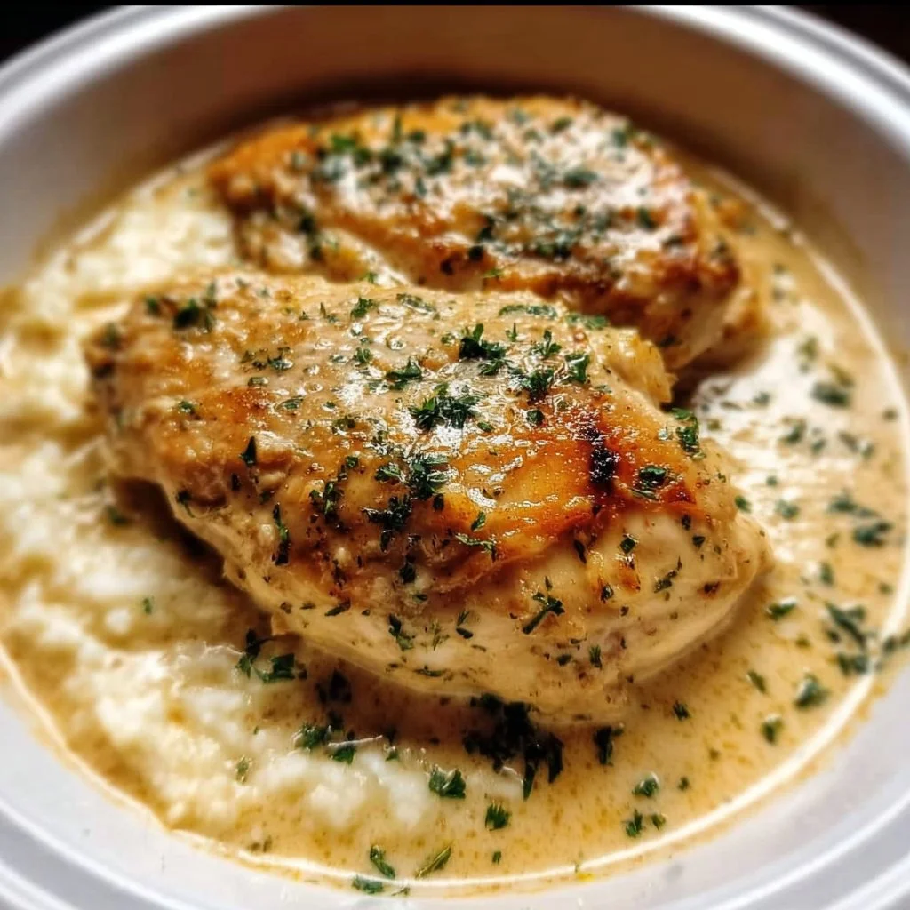 Crockpot Creamy Garlic Parmesan Chicken dish garnished with herbs