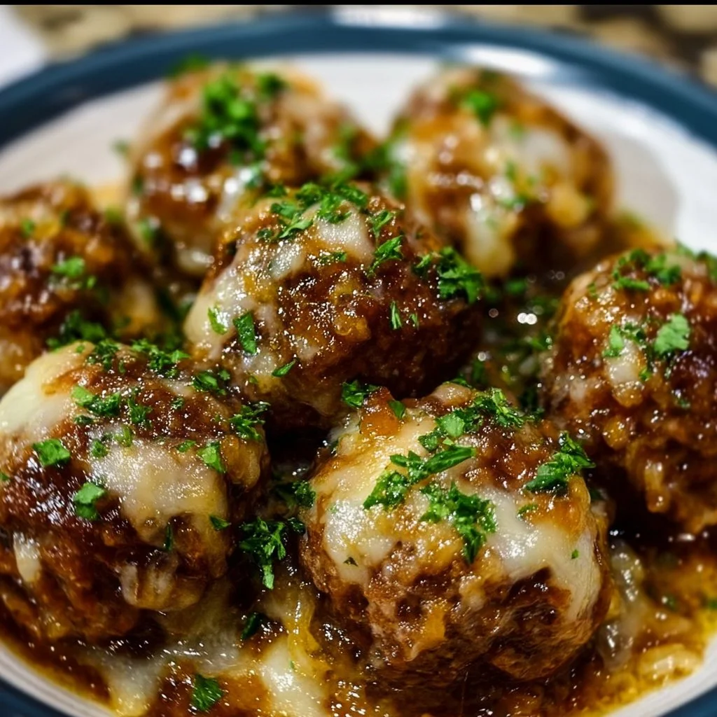 Crockpot French Onion Meatballs served with cheese and herbs
