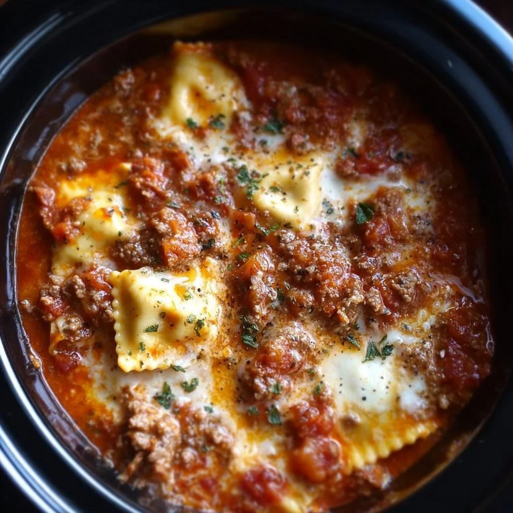 Delicious Crockpot Ravioli Lasagna served warm, showcasing layers of ravioli and cheese.