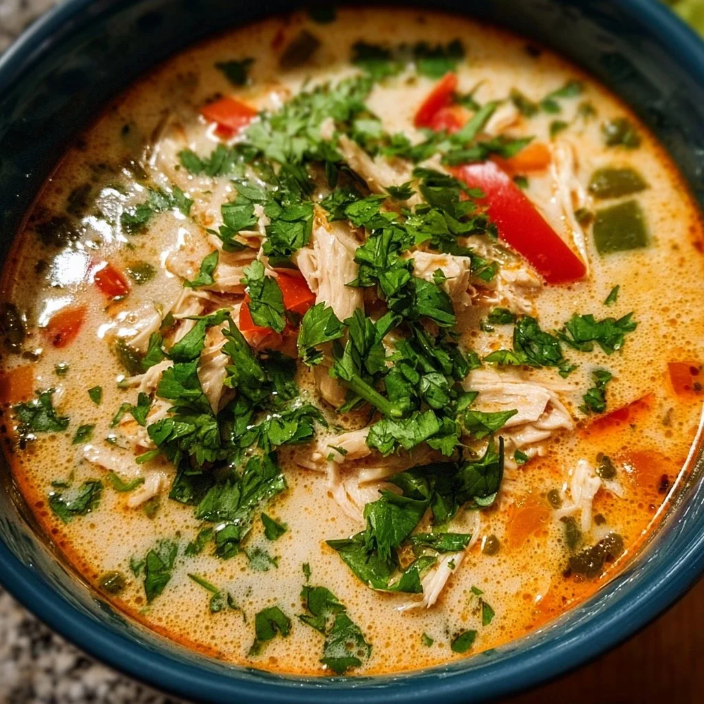 Bowl of Crockpot Thai Coconut Chicken Soup garnished with fresh herbs