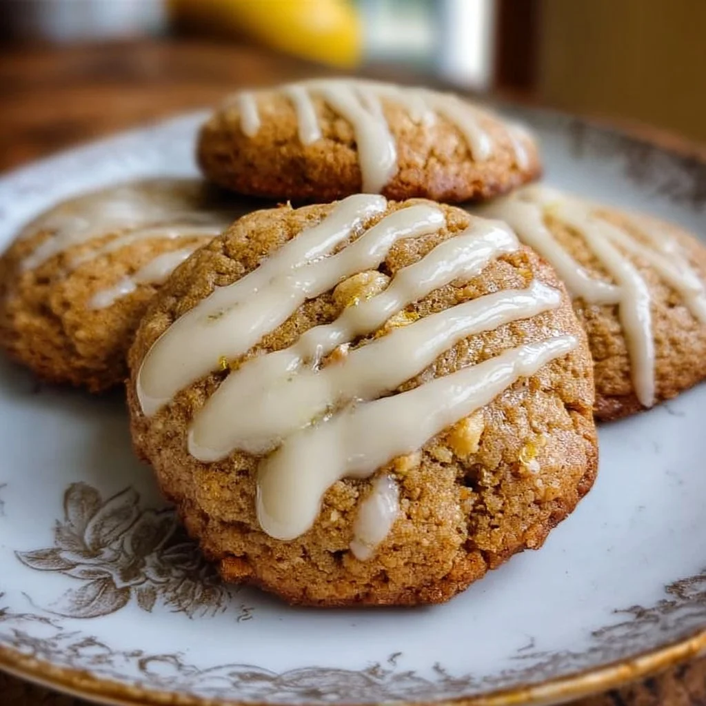 Crumbl banana bread cookies drizzled with cream cheese glaze
