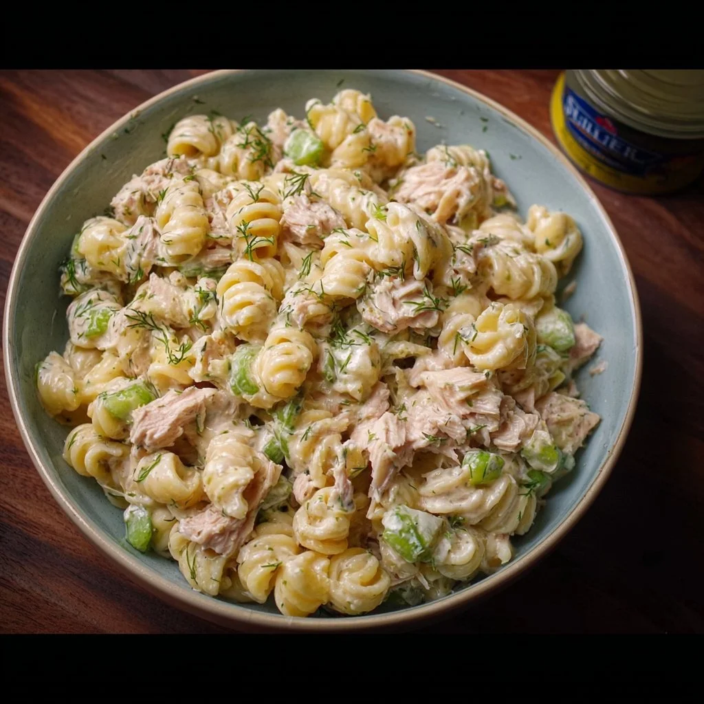 Delicious Dill Pickle Tuna Pasta Salad served in a bowl