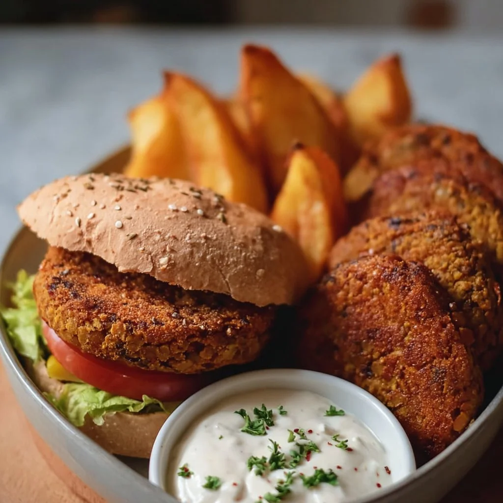 Easy 6-ingredient lentil burgers served on a plate with fresh veggies.