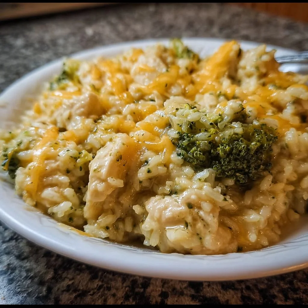 Crockpot cheesy chicken with broccoli and rice dish