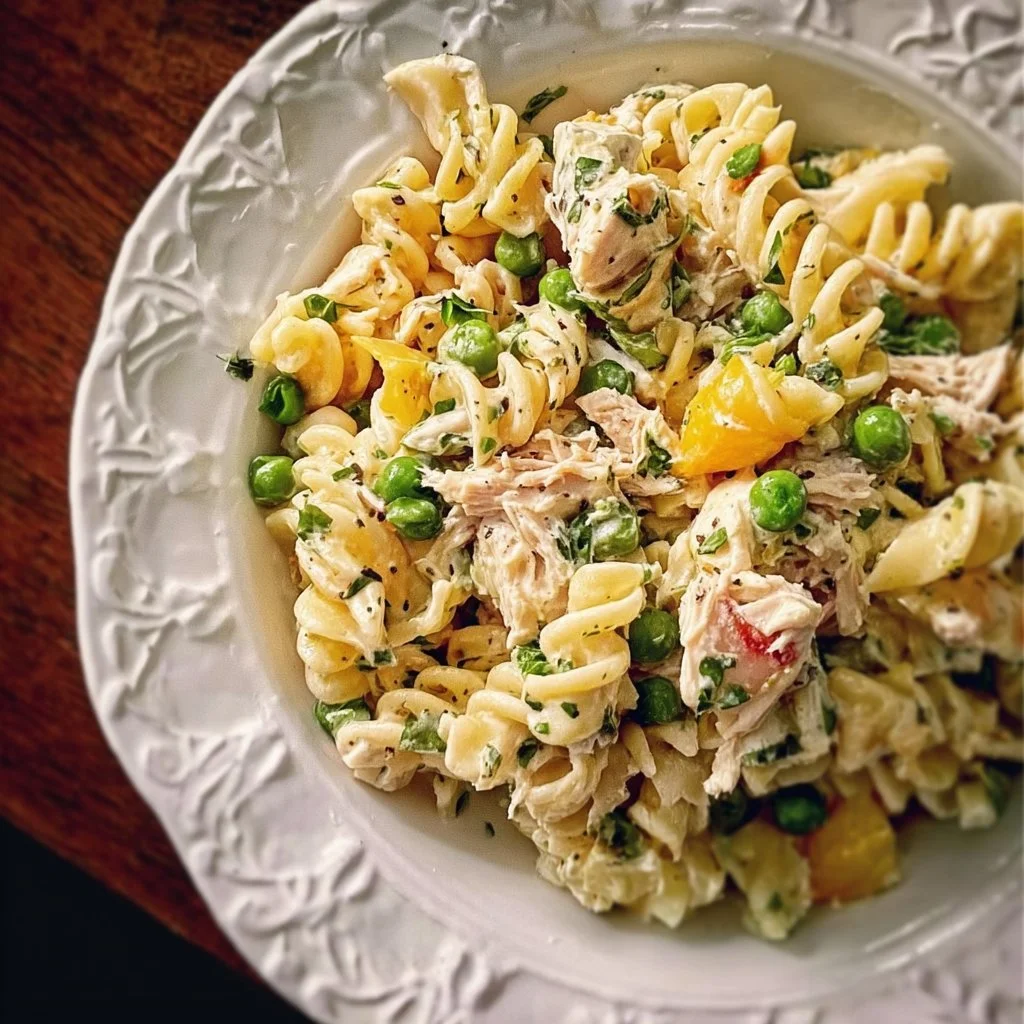 Bowl of easy tuna pasta salad with vegetables and a creamy dressing