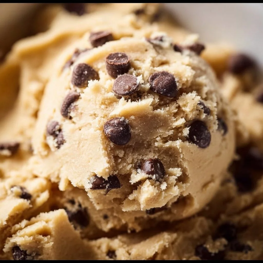 Bowl of edible cookie dough with chocolate chips on a wooden table
