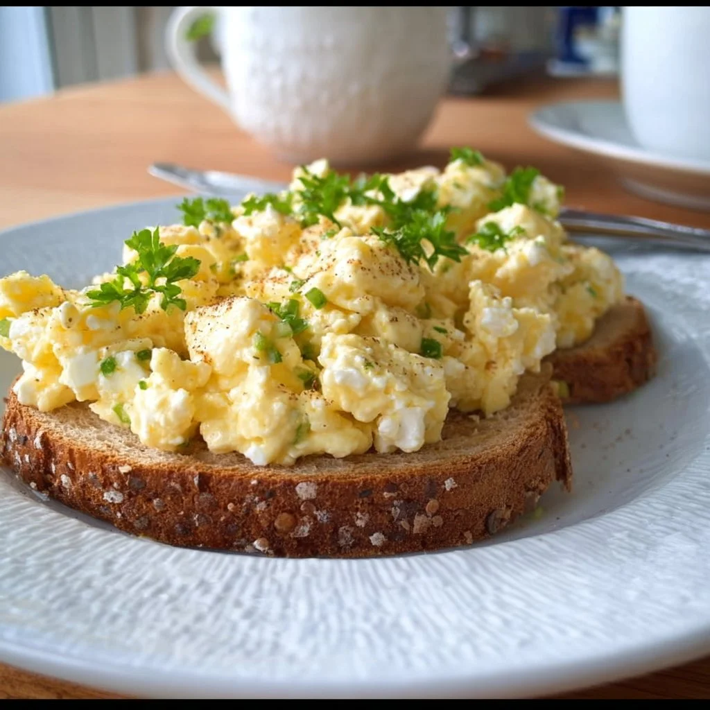 Bowl of egg salad with cottage cheese, garnished with herbs and spices