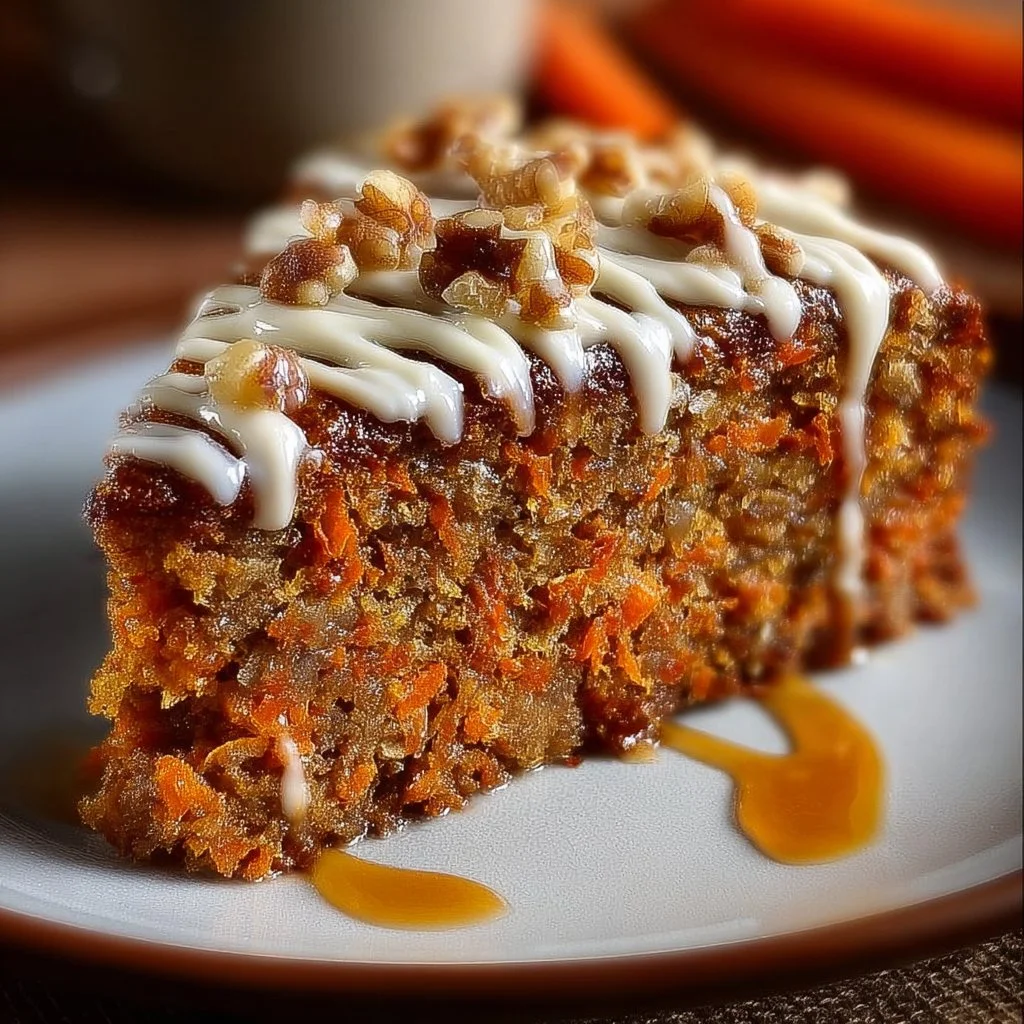 Flourless oatmeal carrot cake topped with cream cheese frosting and walnuts