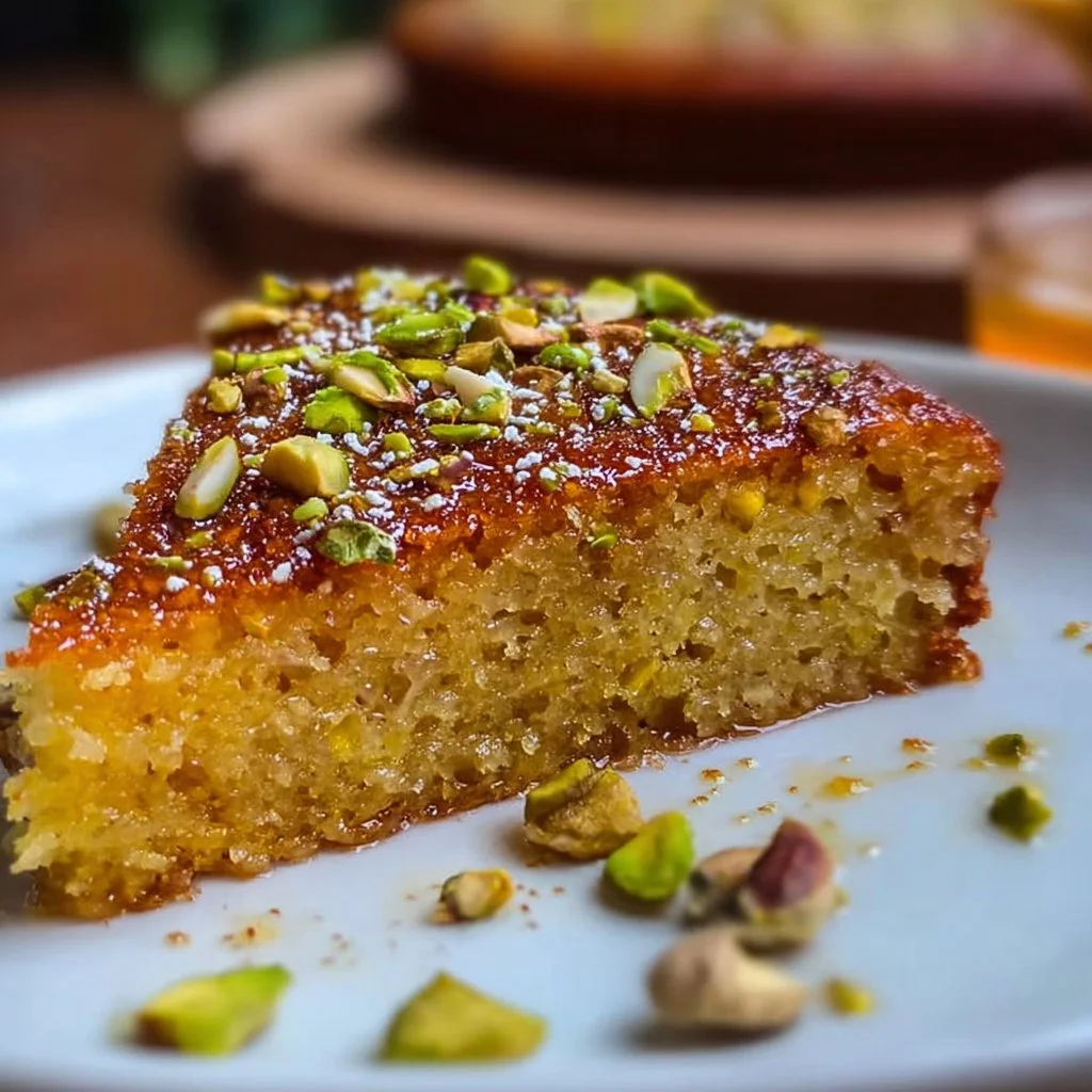 Deliciously vibrant Flourless Orange Pistachio Cake served on a white plate