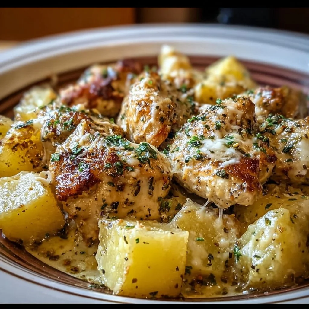 Delicious garlic parmesan chicken and potatoes cooked in a crockpot.