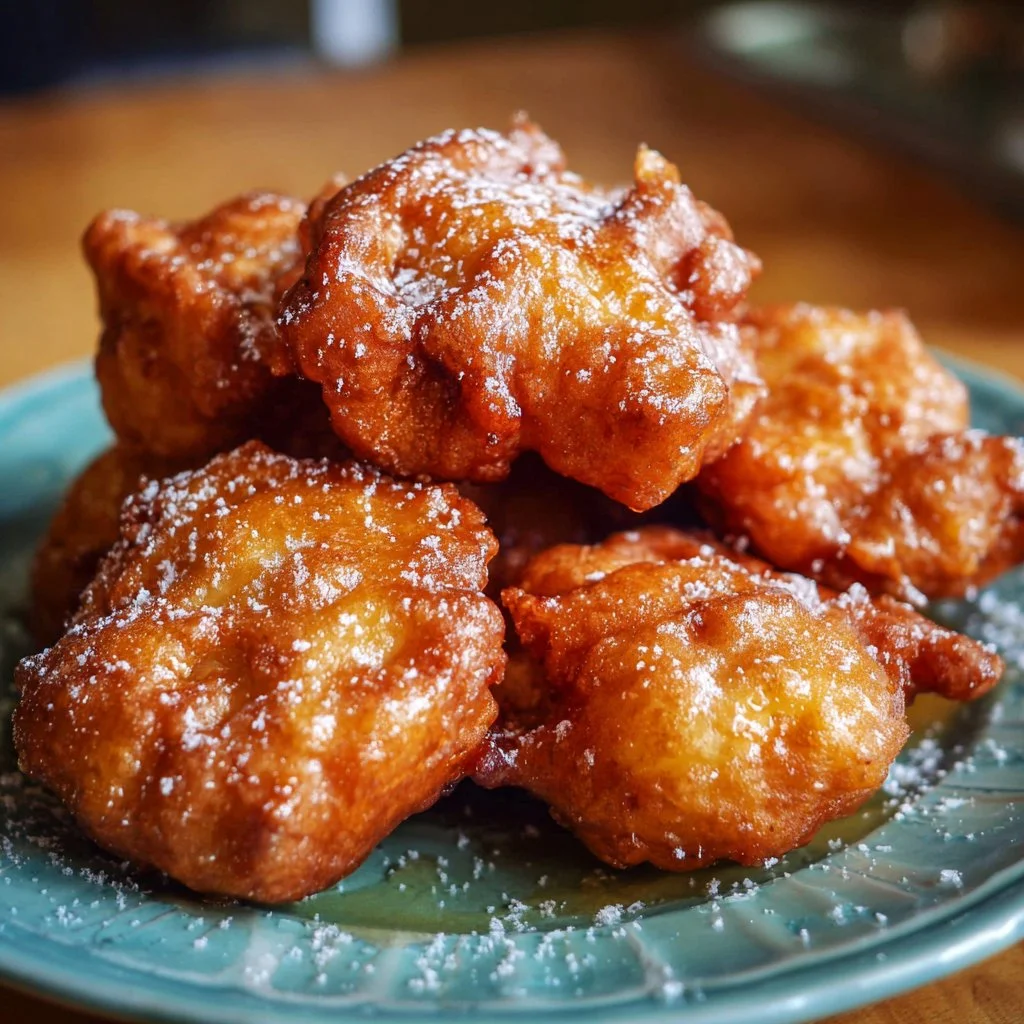 Gluten-free apple fritters on a plate with powdered sugar and apples