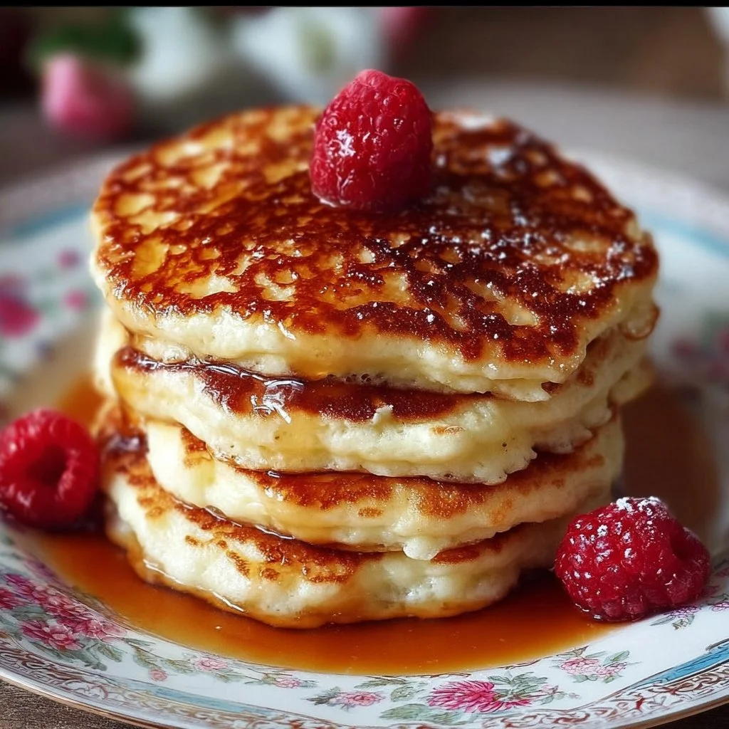 Fluffy gluten free cottage cheese pancakes served on a plate with syrup