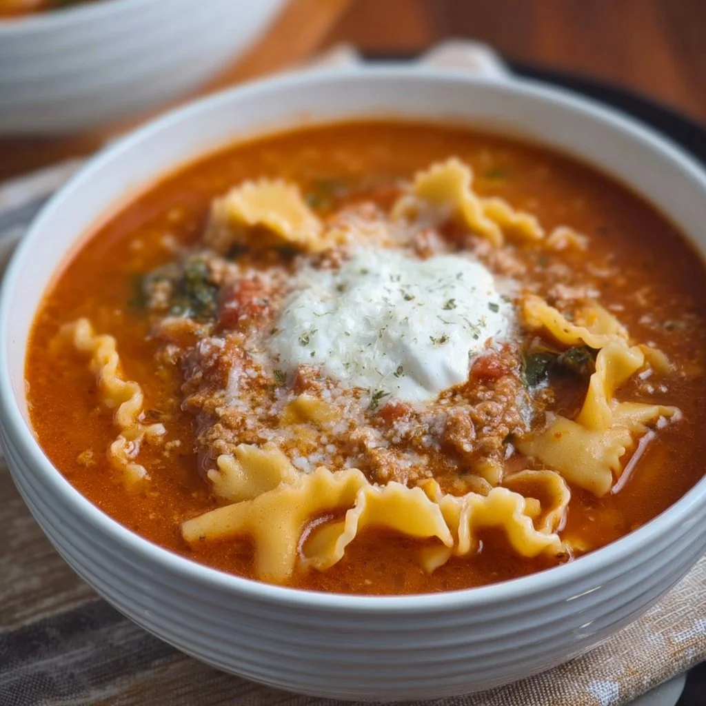 Delicious gluten-free lasagna soup topped with fresh basil and cheese alternatives.