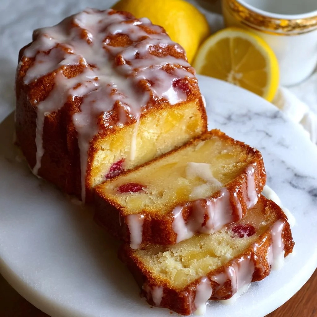 Gluten-free lemon bundt cake with a glossy lemon glaze on a decorative plate.