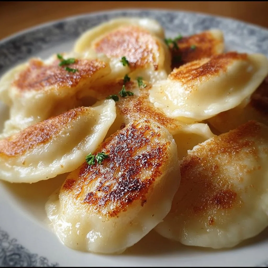 Homemade gluten free perogies served with sour cream and fresh herbs