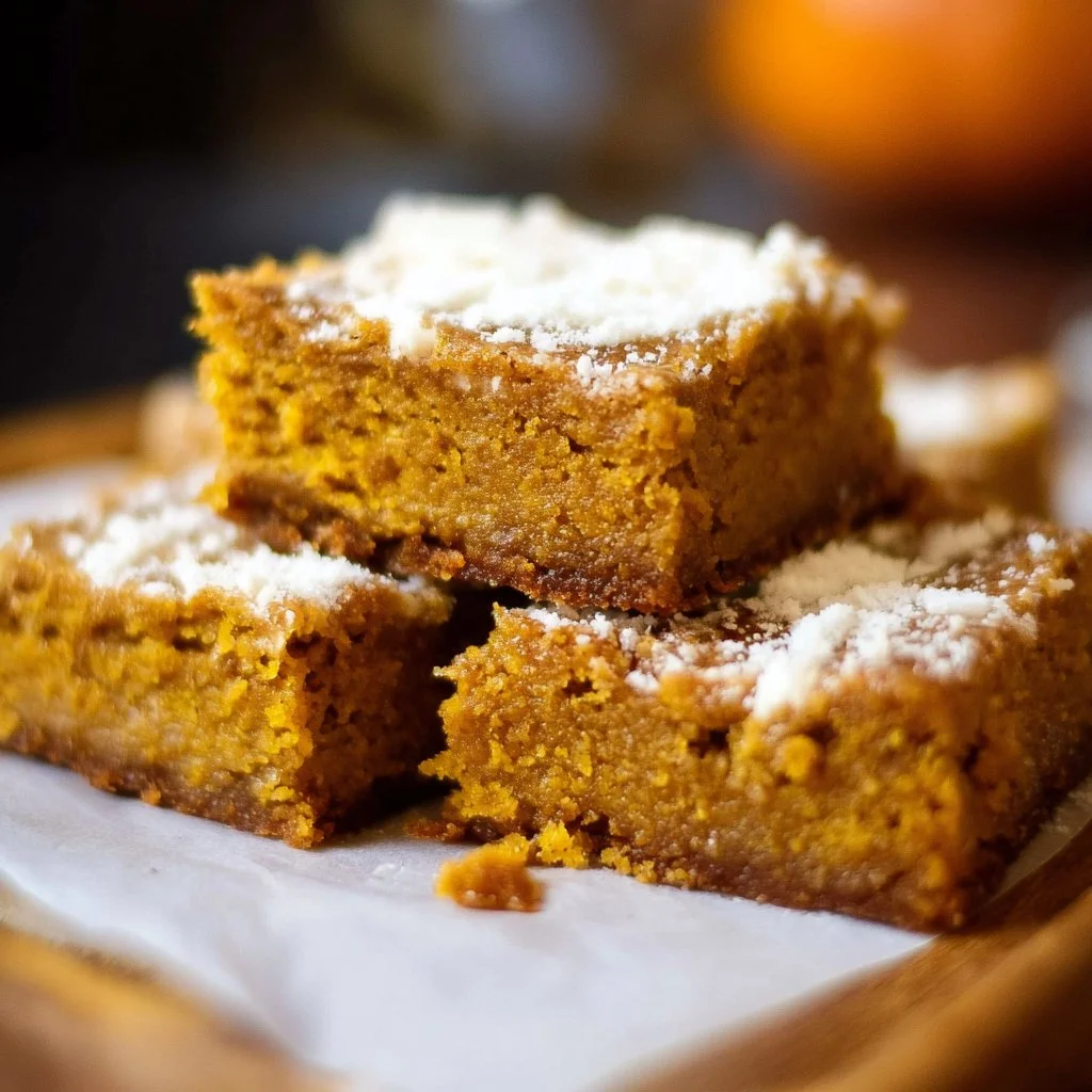 Gluten-free pumpkin squares cut into bars, topped with spices and served on a plate